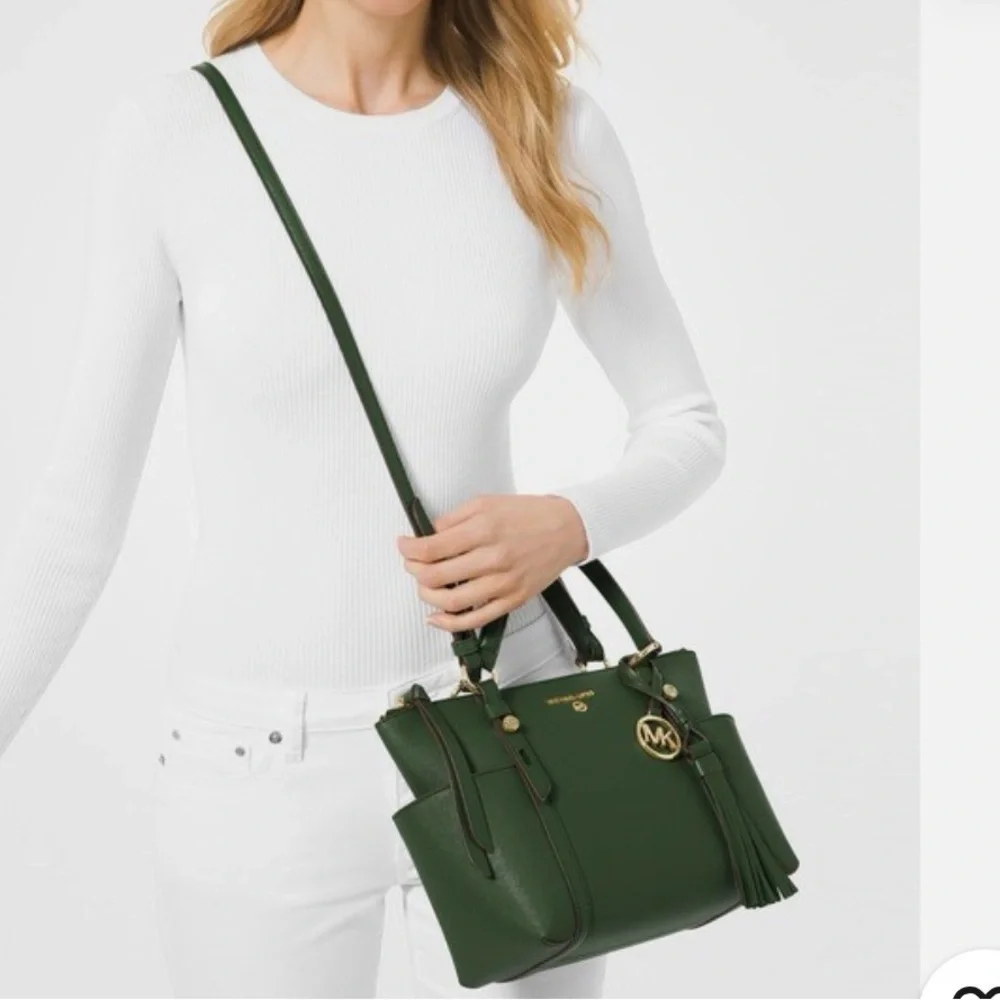 Michael Kors Sullivan Small Green Saffiano Leather Satchel with Tassel Charm